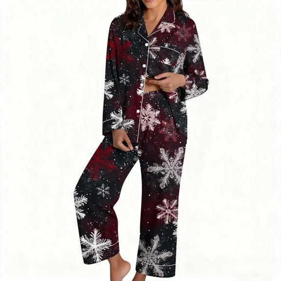 Tnhcen Women's Christmas Pajama Set 2-Piece Holiday Family Matching Pajamas Festive Flannel Sleepwear Long Sleeve Button-Up PJ Set Christmas Print Pajamas for Women S-3XL