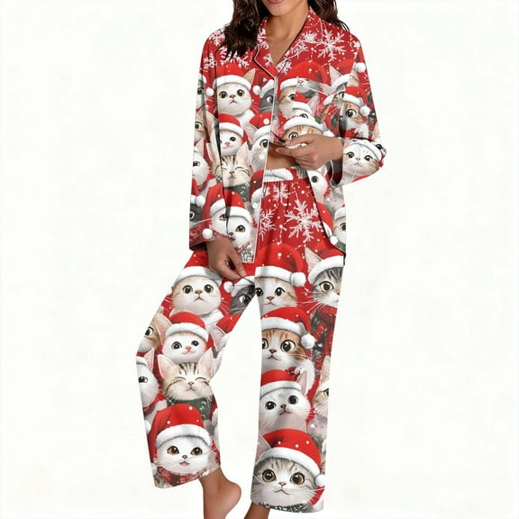 Tnhcen Women's Christmas Pajama Set 2-Piece Holiday Print Sleepwear Flannel Long Sleeve Pajamas Festive Family Matching Pajamas Cozy Winter Pajama Set with Pants S-3XL