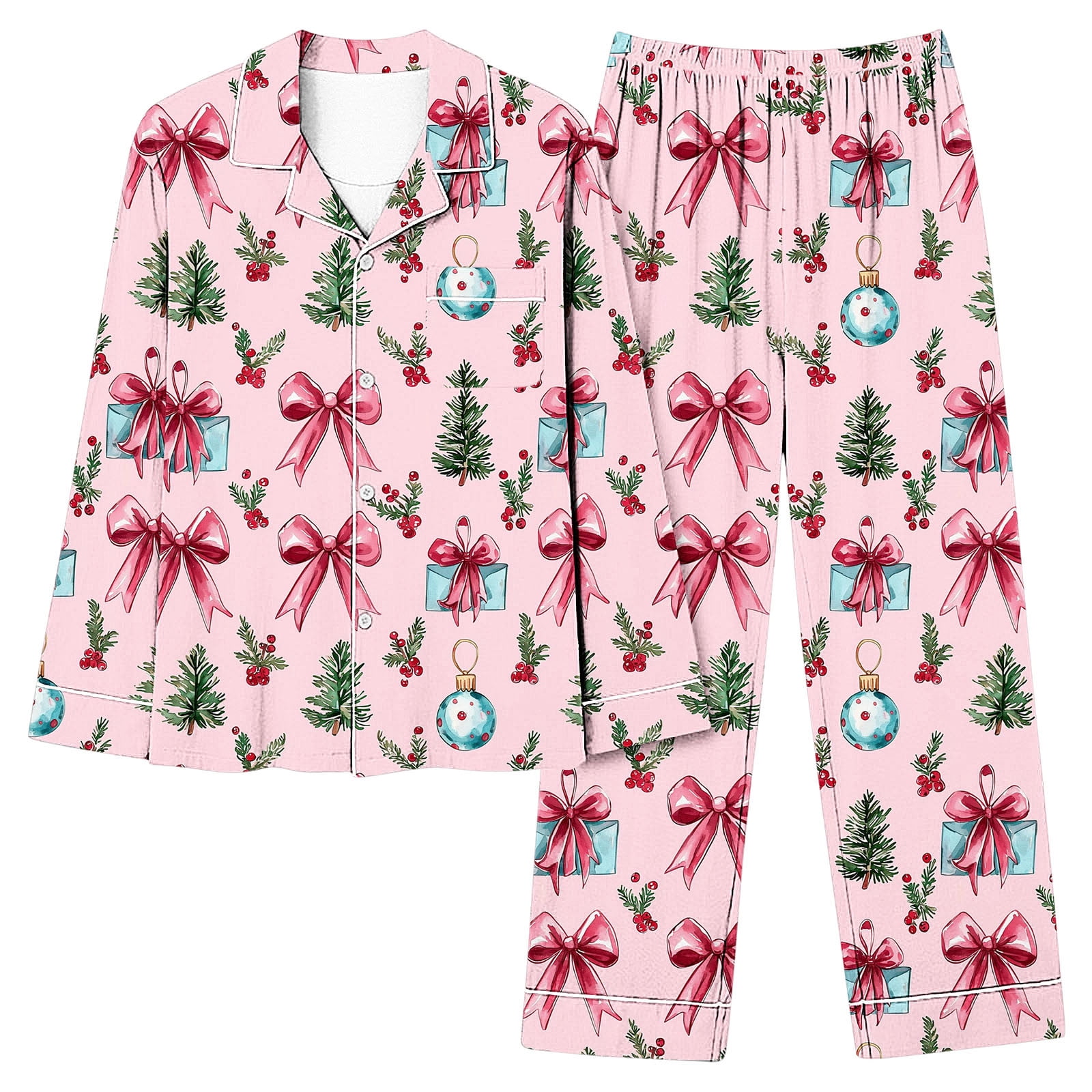 Tnhcen Women's Christmas Pajama Set Pink Bow Print Pajamas Long Sleeve ...