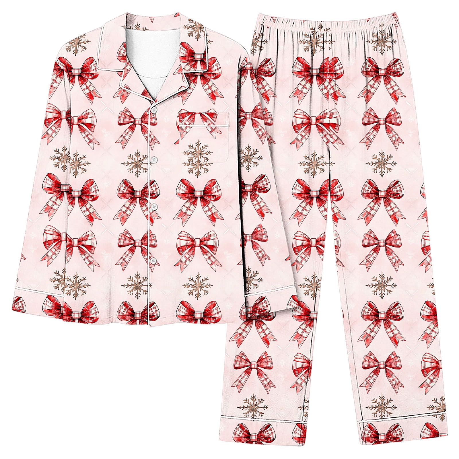 Tnhcen Women's Christmas Pajama Set Pink Bow Print Pajamas Long Sleeve ...