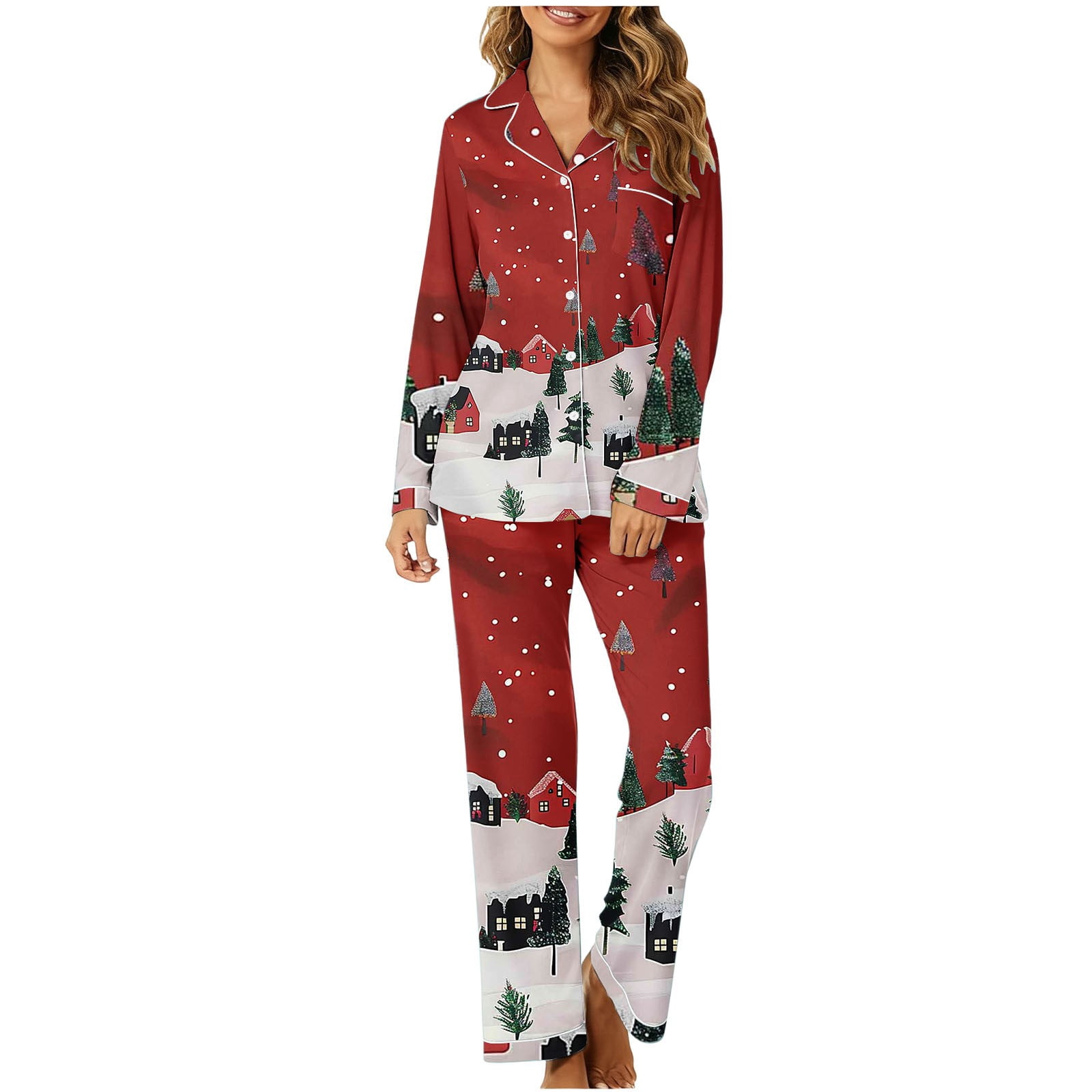 Tnhcen Women's Christmas Pajama Set VNeck Long Sleeve Sleepwear with Best Women's Christmas Pajamas