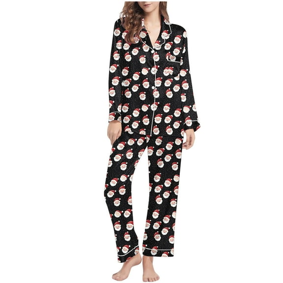 Tnhcen Women's Christmas Pajama Sets 2-Piece Plus Size Sleepwear Long Sleeve Button-Down Shirt & Lounge Pants Holiday Pajamas for Women Comfortable Home Outfit S-2XL