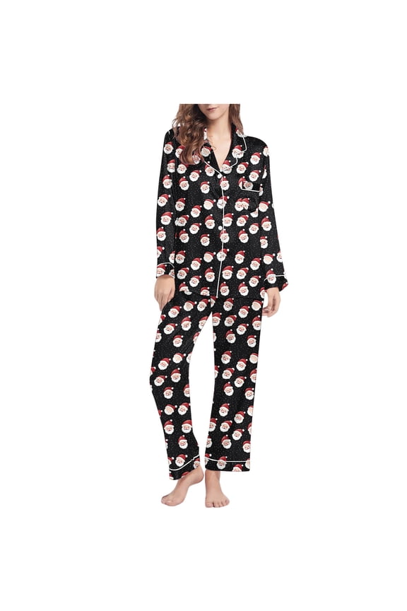 Women's Christmas Pajama Sets 2-Piece Plus Size Sleepwear Long Sleeve Button-Down Shirt & Lounge Pants Holiday Pajamas for Women Comfortable Home Outfit S-2XL