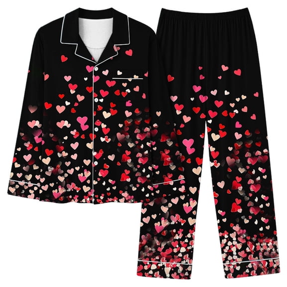 Tnhcen Valentine's Day Pajamas Women's 2-Piece Set, Heart Print Long Sleeve Button Front Top & Elastic Waist Sleep Pants with Pocket Plus Size S-2XL Holiday Sleepwear Gift