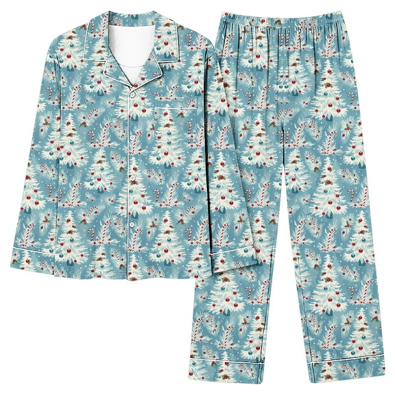 Tnhcen Women's Christmas Pajama Sets 2 - Piece Santa Claus Print Long Sleeve Button Front Pockets 4 - Way Stretch Elastic Waistband Sleepwear for Women S - 2XL