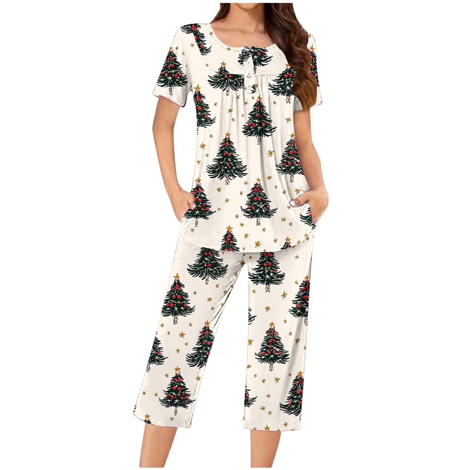 Tnhcen Women's Christmas Pajamas 2 Piece Set Festive Print Capri Best Women's Christmas Pajamas