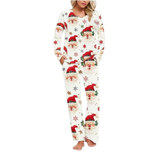 Tnhcen Women's Christmas Pajamas 2-Piece Set Long Sleeve Pocket Design Festive Print Holiday Sleepwear Soft Stretchy Plus Size for women S-3XL