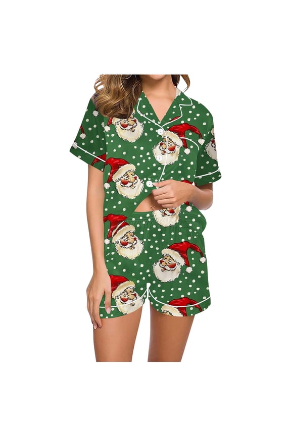 Women's Christmas Pajamas Set 2-Piece Holiday Pajama Shorts Set Christmas Pajamas Soft Sleepwear Short Sleeve Pajama Set with Collar Homewear Set