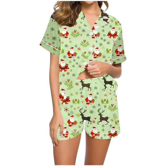 Tnhcen Women's Christmas Pajamas Set 2-Piece Holiday Pajama Shorts Set Christmas Pajamas Soft Sleepwear Short Sleeve Pajama Set with Collar Homewear Set