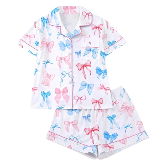 Tnhcen Women's Bow Print Pajama Set 2-Piece, Spring Summer Sleepwear Loose Fit Button Down Collar Top with Pockets & Elastic Waist Shorts, Cute Loungewear S-2XL