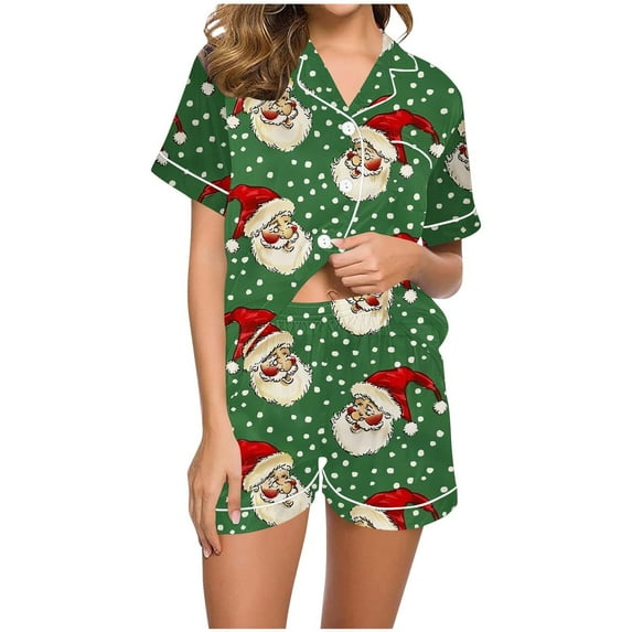 Tnhcen Women's Christmas Pajamas Set 2-Piece Holiday Pajama Shorts Set Christmas Pajamas Soft Sleepwear Short Sleeve Pajama Set with Collar Homewear Set