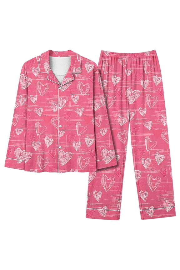 Women's Plus Size Valentine's Day Pajama Set 2026 New Long Sleeve Button Front with Pocket Loose Fit Pajamas S - 2XL Soft Comfortable Sleepwear for Women Gift