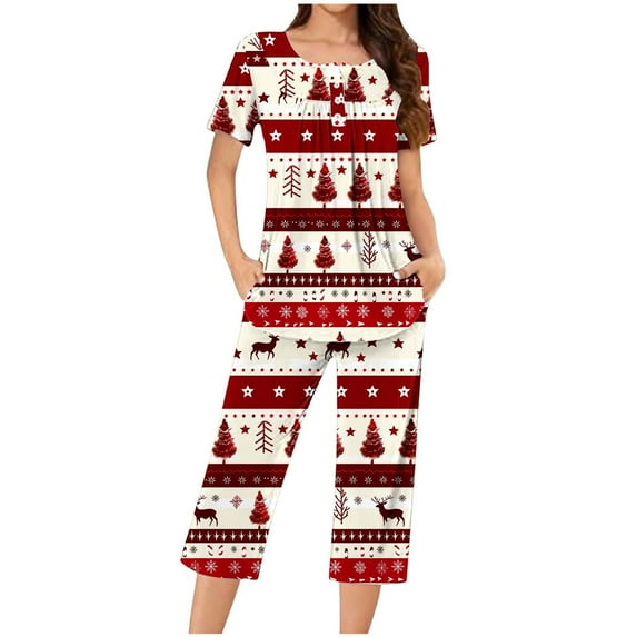 Tnhcen Women's Christmas Print Pajamas 2 Piece Set Short Sleeve Top with Buttons & Pockets Capri Lounge Pants Drawstring Waist Stretchy Comfort Sleepwear for Women