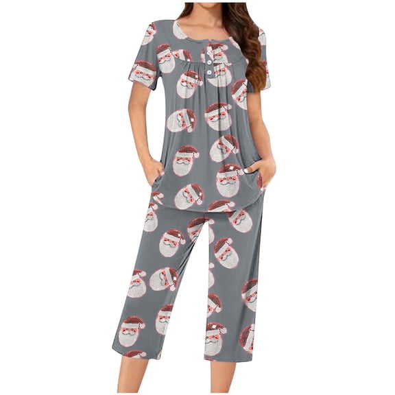 Tnhcen Women's Christmas Print Pajamas 2 Piece Set Short Sleeve Top with Buttons & Pockets Capri Lounge Pants Drawstring Waist Stretchy Comfort Sleepwear for Women