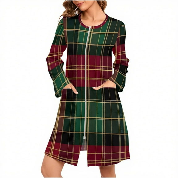 Tnhcen Women's Christmas Reindeer Print Nightgown Holiday Themed Sleepwear Cozy Brushed Fleece Long Sleeve Pajama Dress with Zipper & Pockets (S-2XL)