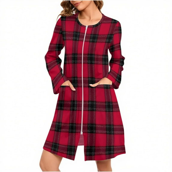 Tnhcen Women's Christmas Reindeer Print Nightgown Holiday Themed Sleepwear Cozy Brushed Fleece Long Sleeve Pajama Dress with Zipper & Pockets (S-2XL)