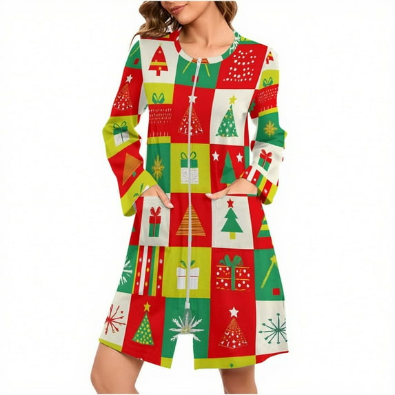 Tnhcen Women's Christmas Reindeer Print Nightgown Holiday Themed Sleepwear Cozy Brushed Fleece Long Sleeve Pajama Dress with Zipper & Pockets (S-2XL)