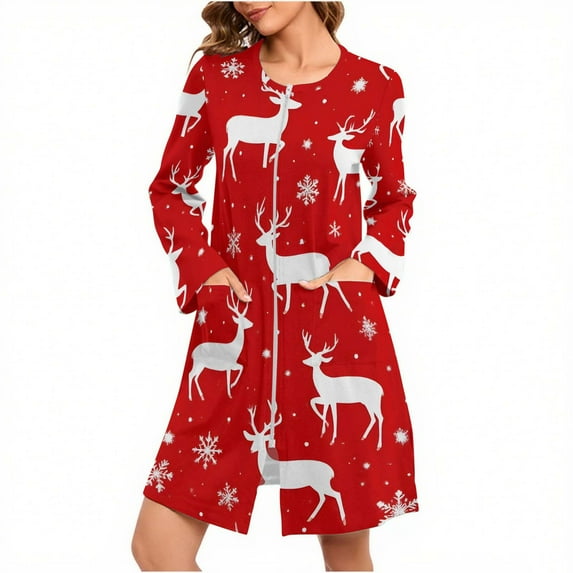 Tnhcen Women's Christmas Reindeer Print Nightgown Holiday Themed Sleepwear Cozy Brushed Fleece Long Sleeve Pajama Dress with Zipper & Pockets (S-2XL)