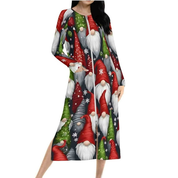 Tnhcen Women's Christmas Sleepdress with Elk Snowflake Print Cozy Holiday Loungewear Long Sleeve Raglan Nightgown with Zipper & Pockets (Sizes S-2XL)