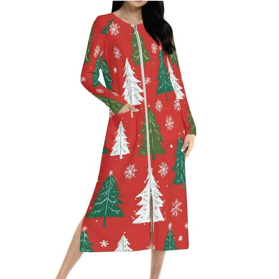 Tnhcen Women's Christmas Sleepdress with Elk Snowflake Print Cozy Holiday Loungewear Long Sleeve Raglan Nightgown with Zipper & Pockets (Sizes S-2XL)