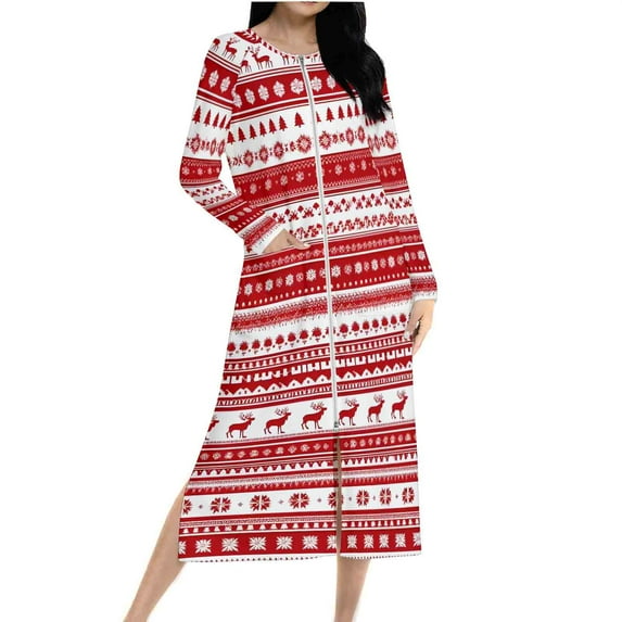 Tnhcen Women's Christmas Sleepdress with Elk Snowflake Print Cozy Holiday Loungewear Long Sleeve Raglan Nightgown with Zipper & Pockets (Sizes S-2XL)