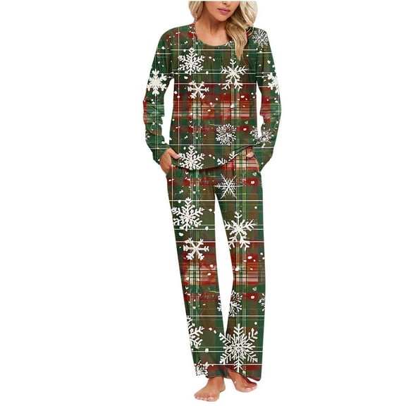Tnhcen Women's Christmas Snowflake Print Pajamas 2-Piece Set Cozy Soft Stretchy Poly Spandex Blend Pocket Long Sleeve Top   Pants Holiday Sleepwear S-3XL