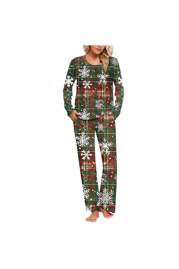 Women's Christmas Snowflake Print Pajamas 2-Piece Set Cozy Soft Stretchy Poly Spandex Blend Pocket Long Sleeve Top + Pants Holiday Sleepwear S-3XL