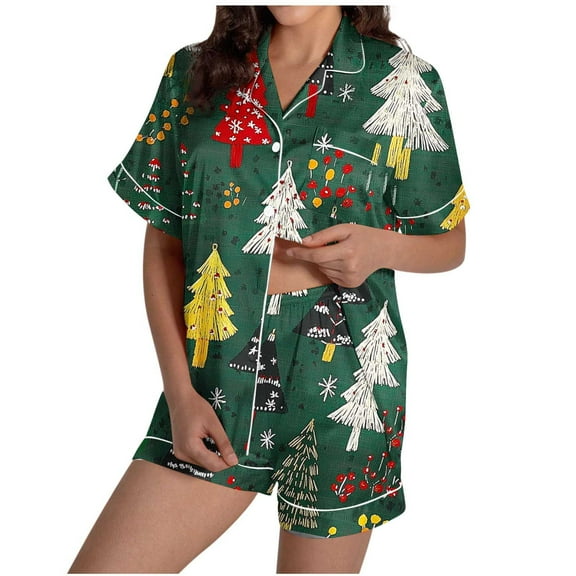 Tnhcen Women's Christmas Tree Print Short Sleeve Pajama Set Button Down Collar with Shorts Pocket 2 Piece Sleepwear Home Wear S-2XL