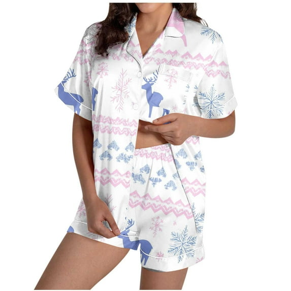 Tnhcen Women's Christmas Tree Print Short Sleeve Pajama Set Button Down Collar with Shorts Pocket 2 Piece Sleepwear Home Wear S-2XL