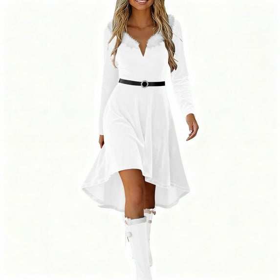 Tnhcen Women's Christmas Velvet Dress Long Sleeve V - Neck Fur Collar S - 2XL Plus Size Festive Dress for Holiday Party, Winter Formal Event Warm Velvet Gown