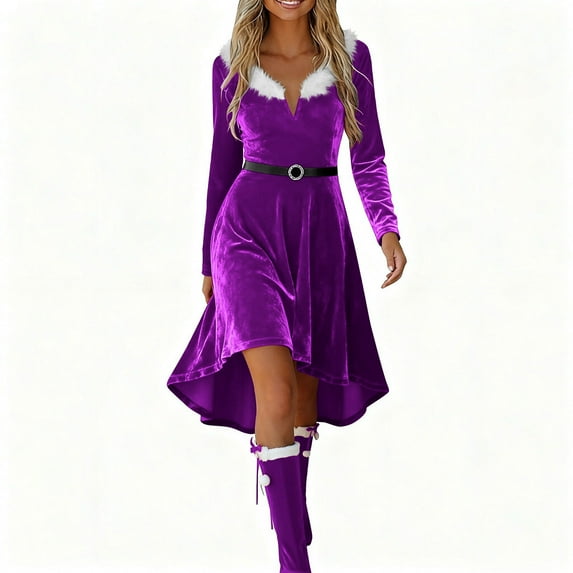 Tnhcen Women's Christmas Velvet Dress Long Sleeve V - Neck Fur Collar S - 2XL Plus Size Festive Dress for Holiday Party, Winter Formal Event Warm Velvet Gown