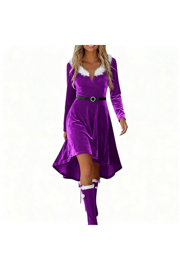 Women's Christmas Velvet Dress Long Sleeve V - Neck Fur Collar S - 2XL Plus Size Festive Dress for Holiday Party, Winter Formal Event Warm Velvet Gown