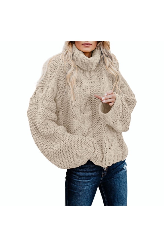 Women's Chunky Knit Sweater Oversized Loose Fit Pullover High Neck Turtleneck Winter Warm Long Sleeve Casual Top Solid Color Cotton Sizes S-XL