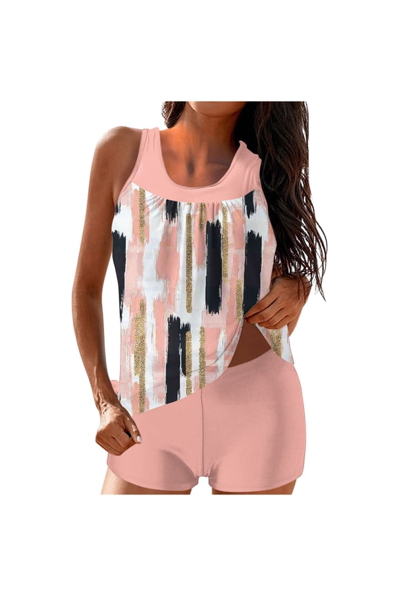 Women's Classic Basic Tankini Swimsuit Set with Built - in Bra, Printed Boyshort Bikini Bottom, Swim Separates S - 2XL, Nylon Spandex Beach Pool Swimwear