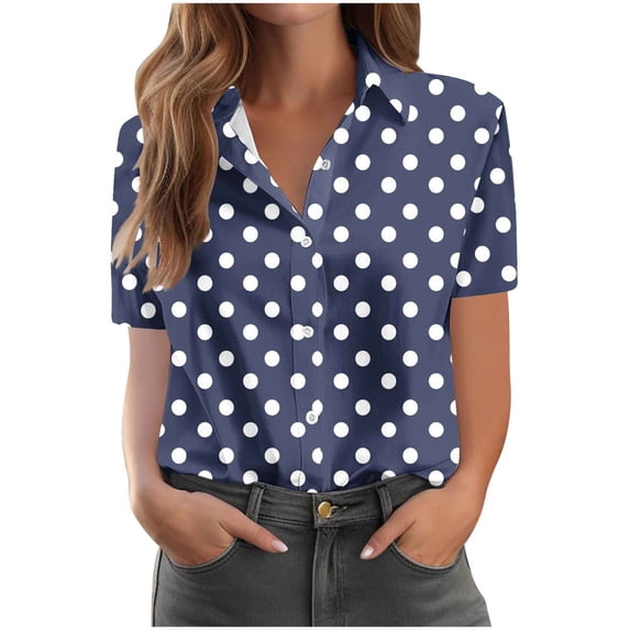 Tnhcen Women's Classic Polka Dot Short Sleeve Shirt, Summer Button Down Blouse, Loose Fit Stretchy Tops for Women, Casual & Office Wear S-2XL