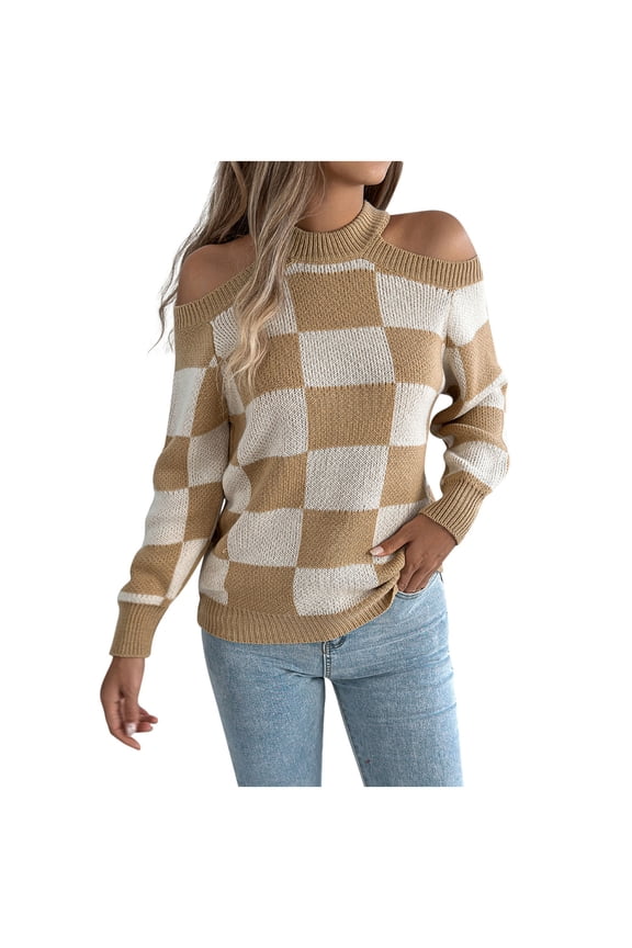 Women's Cold Shoulder Sweater Plaid Lantern Sleeve Top Acrylic Halter Neck Pullover Off Shoulder Boho Chic Loose Fit Knitwear S-XL