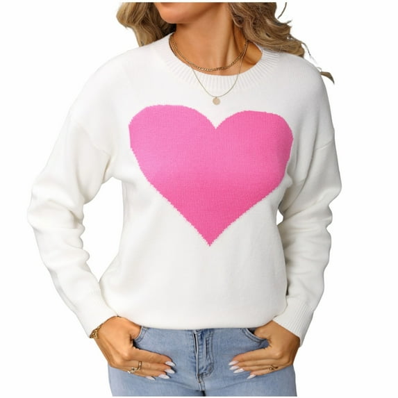 Tnhcen Women's Color Block Heart Print Sweater Cute Christmas Valentine's Knit Top Casual Comfortable Loose Fit Sweater Trendy Fall Winter Clothing White Pink Contrast Y2K Sweater
