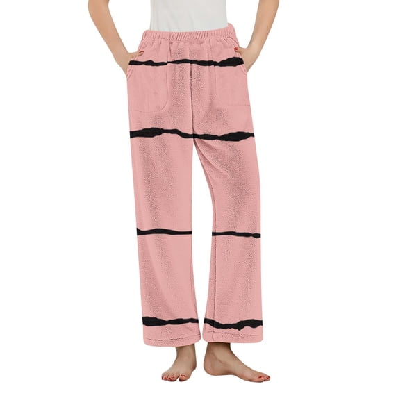 Tnhcen Women's Color Block Stripe Flannel Pajama Pants Fleece Thermal Sleepwear with Pockets Soft Lounge Pants High Waist Elastic S-3XL Multiple Colors Available