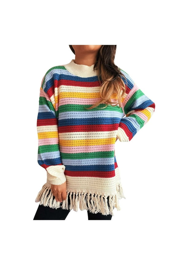 Women's Color Block Striped Sweater Round Neck Fringe Hem Tassel Top Soft Nylon Spandex Knit Pullover Long Sleeve Casual Comfort Wear Plus Size Relaxed Fit S-L