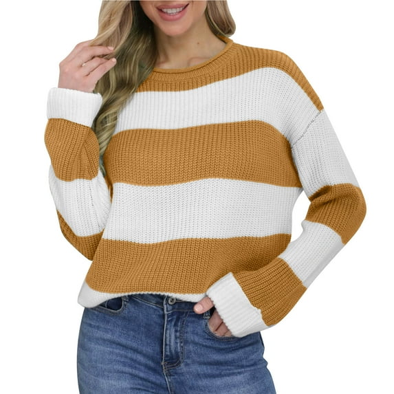 Tnhcen Women's Color Block Sweater Striped Knit Top Soft Acrylic Pullover Loose Fit Casual Wear Long Sleeve Comfort S-2XL