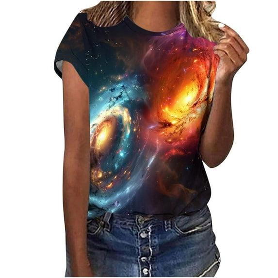 Tnhcen Women's Colorful Galaxy Print Short Sleeve Crew Neck Summer Basic Tops – Plus Size Friendly Shirts S-5XL Stretchy Breathable Tops