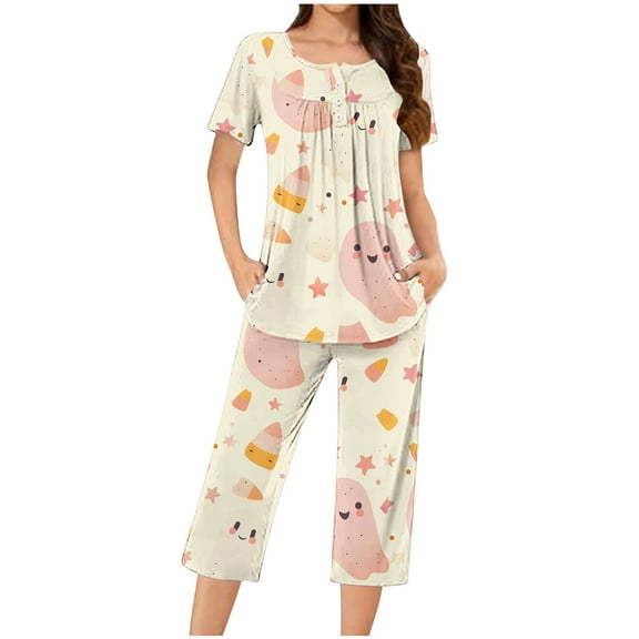 Tnhcen Women’s Comfy Halloween Print Pajamas Set Short Sleeved Pjs with Capri Pants Pockets Nightwear Homewear​ S-3XL