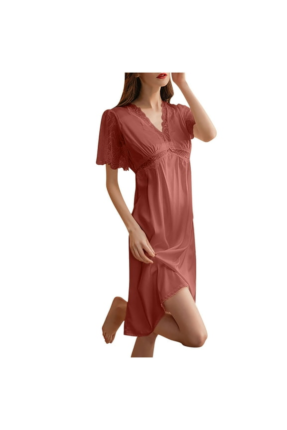 Women's Cooling Ice Silk Long Sleeve Sleepwear Dress - Lace Trim Edge with Built-in Bra Long Flowy Nightgown for Sleeping & Home (M-2XL)