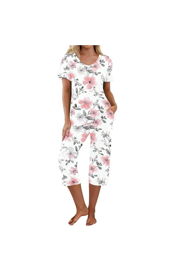 Women's Cooling Pajama Set Short Sleeve Shirt Capri Pants Sleepwear Pjs Sets with Pockets Homewear S-2XL