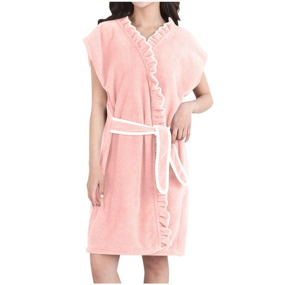 Tnhcen Women's Coral Fleece Robe Sleeveless Bathrobe Quick Dry Sleepwear Nylon Spandex Robe Absorbent Loungewear Free Size Home Wear Pink