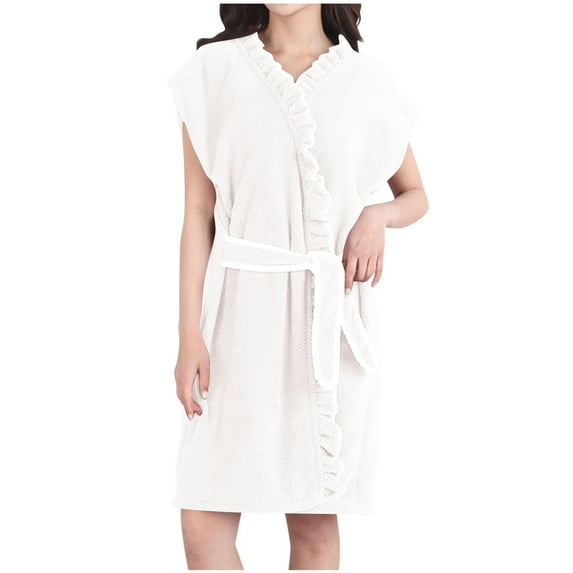 Tnhcen Women's Coral Fleece Robe Sleeveless Bathrobe Quick Dry Sleepwear Nylon Spandex Robe Absorbent Loungewear Free Size Home Wear White