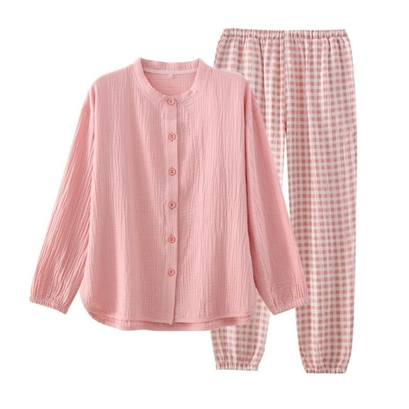 Tnhcen Women's Cotton 2 Piece Pajama Sets Long Sleeve Button Down Shirt Pants Sleepwear Pj Set M-XL