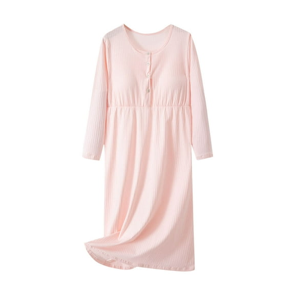 Tnhcen Women's Cotton Button Crew Neck Sleep Dress - Built-in Bra Long Sleeve Loungewear Loose Fit Basic Home Dress for Women M-2XL Sizes Soft Casual Pajama Gown for Bedtime & Daily Wear