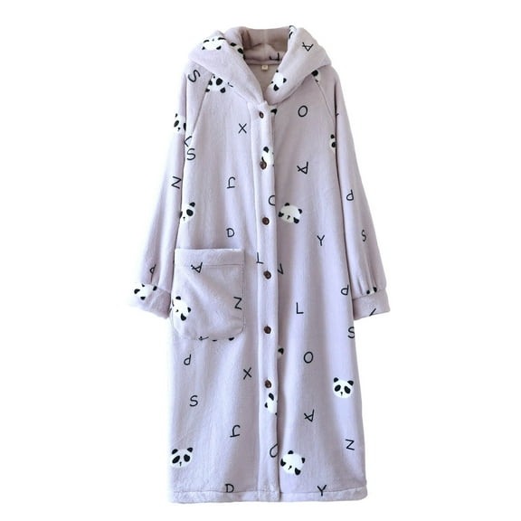 Tnhcen Women's Cotton Cartoon Print Pajama Dress Hooded Robe Long Sleeve Button Up Nightgown with Pocket Cozy Loungewear M-L Multiple Colors Available