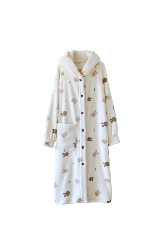 Women's Cotton Cartoon Print Pajama Dress Hooded Robe Long Sleeve Button Up Nightgown with Pocket Cozy Loungewear M-L